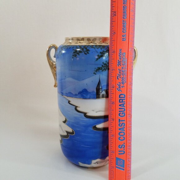 Antique Nippon 8.75" Vase Hand Painted Winter Scene Blue White Gold Tone Handles - Picture 2 of 16